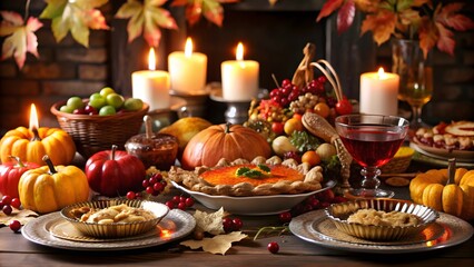 Festive Thanksgiving Dinner Table with Autumn Decorations