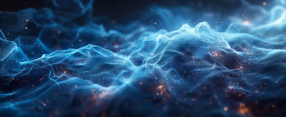 Obraz premium Glowing blue waves undulate with sparkling particles in a dark setting, creating an ethereal and captivating visual effect