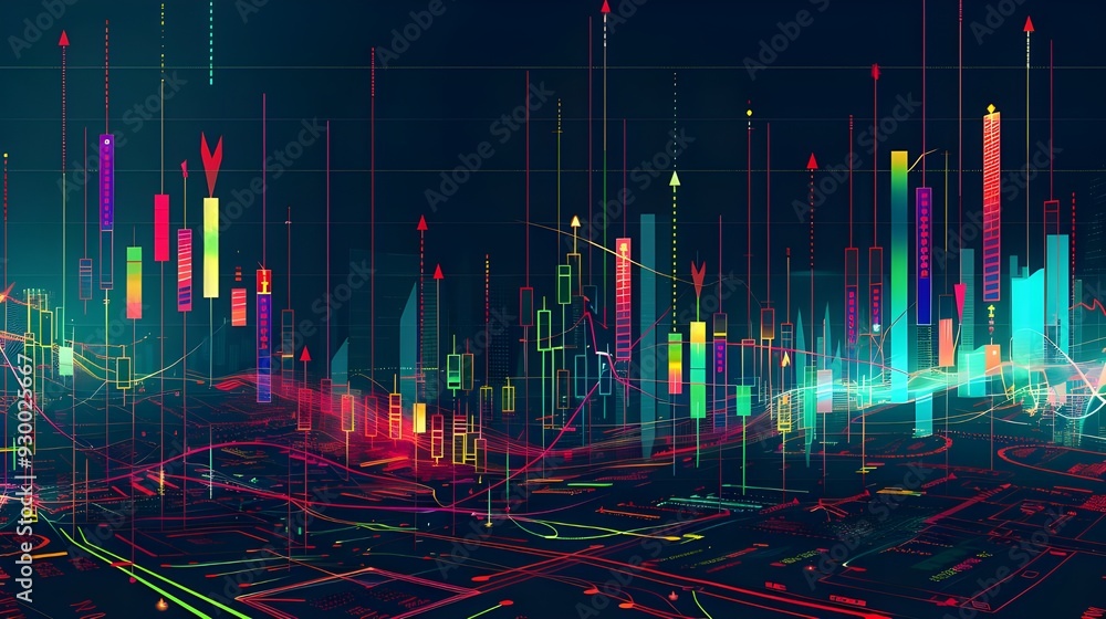 Poster a stock market chart with candlestick graphics and dynamic lines, representing the vast landscape of