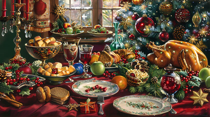 Fototapeta premium A perfect dinner table filled with food and decorated for Christmas.