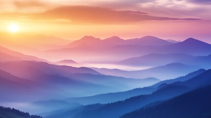 Obraz premium Create a long shot of a majestic mountain range at sunrise, with muted pastel tones and hazy mist