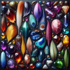 Obraz premium Nature Collection,Collection of Exotic Butterflies, Elegant Feathers, and Vibrant Gemstones: A Stunning Display of Natural Beauty