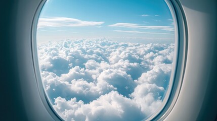 A breathtaking view of fluffy white clouds from an airplane window at high altitude.
