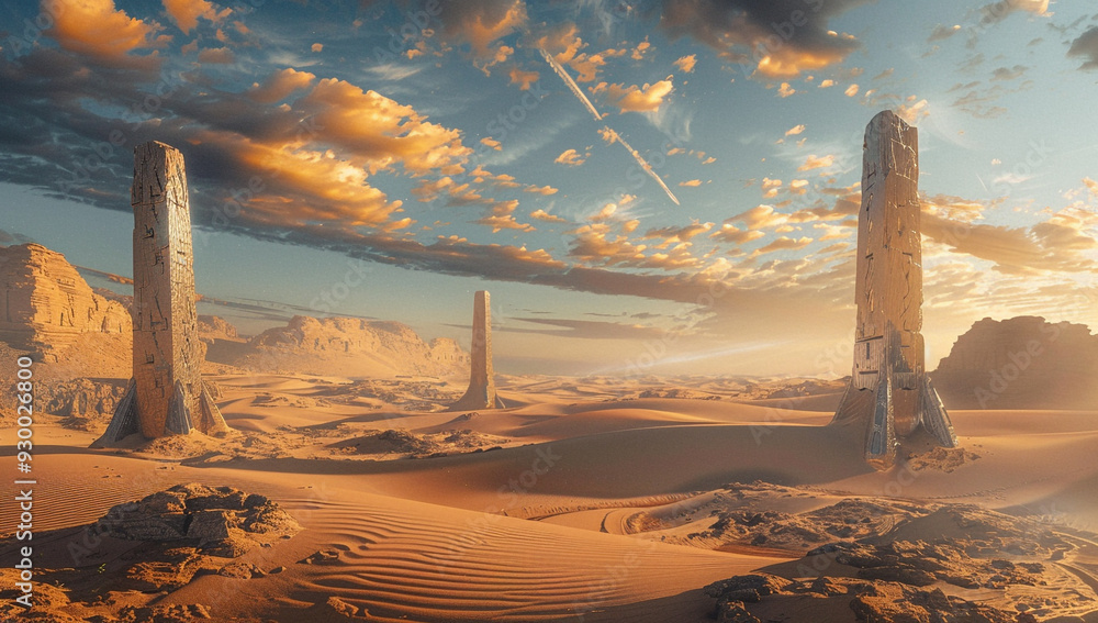 Wall mural a fantasy desert with shifting dunes and ancient, mystical obelisks