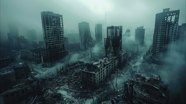 A huge modern city with skyscrapers, all the houses are destroyed, windows are broken, parts of the buildings are completely destroyed, destroyed houses around. Generative AI.