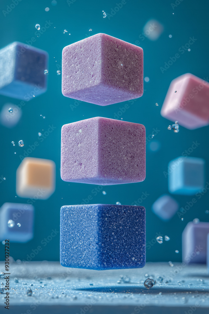 Poster a close-up view of a purple cube floating near a larger blue cube, both against a serene cyan backgr