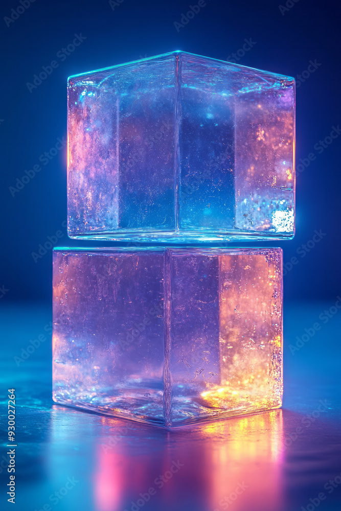 Poster two intersecting blue and purple cubes floating together against a minimalist cyan backdrop, represe