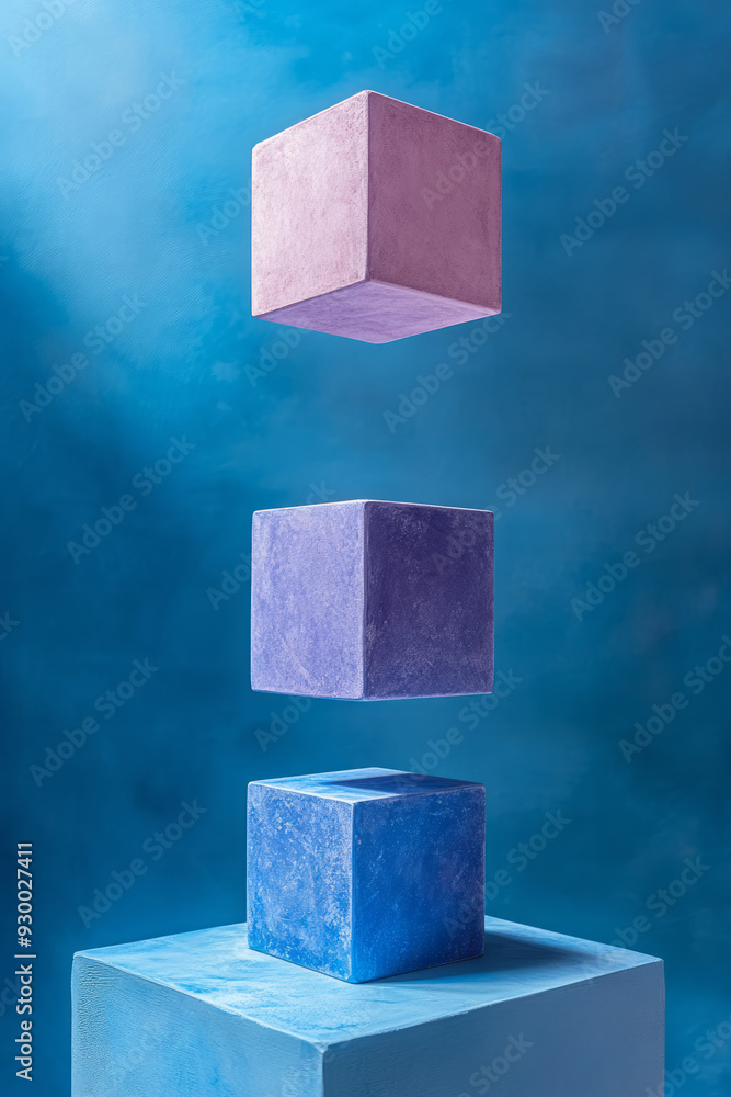 Poster a minimalist composition of three blue cubes and one purple cube floating in harmony against a cyan 