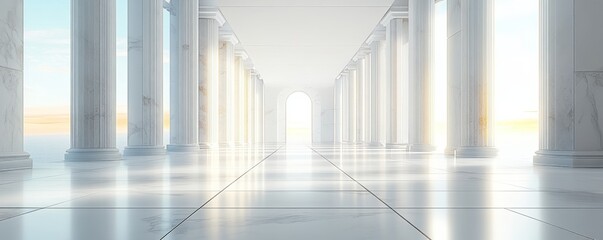 Fototapeta premium 何もない白い大理石の床の3Dレンダリング。柱があり、右側から光が差し込む。