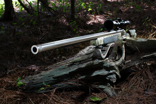 Inline muzzle loader rifle over a log