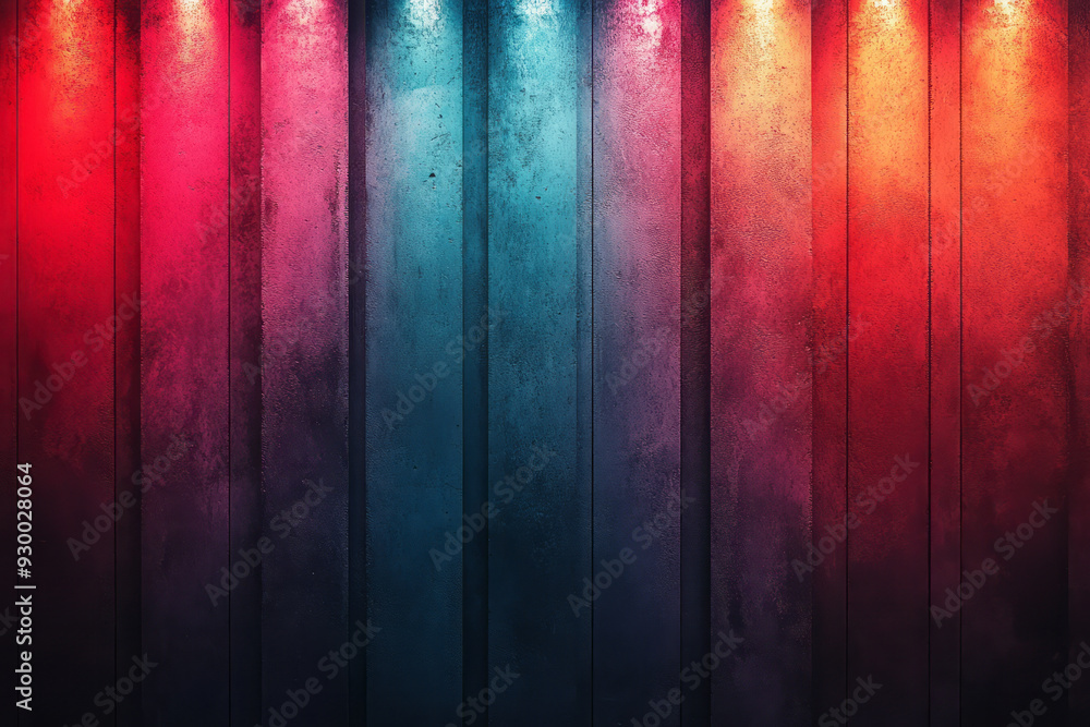 Poster bold vertical light stripes in vibrant red and cyan, creating a striking abstract pattern against a 