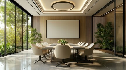 Modern conference room with elegant decor, large table, and bright natural light, perfect for meetings and presentations.