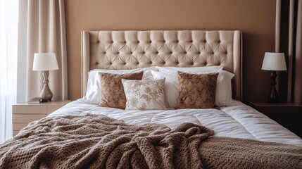 A cozy middle-style bed with a tufted headboard, set against a neutral-colored wall.