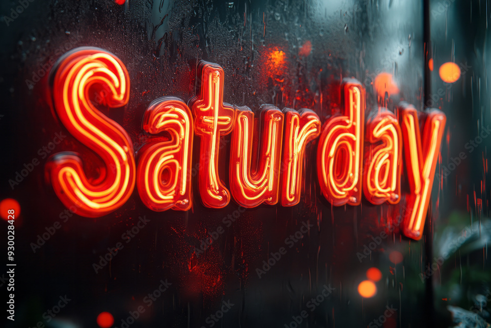 Aufkleber a glowing saturday in neon, bouncing and twirling in dynamic motion on a dark backdrop,