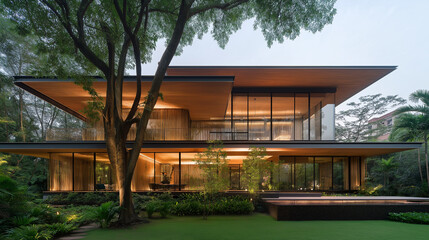 Fototapeta premium A modern house built entirely from bamboo, showcasing its natural beauty and structural strength.