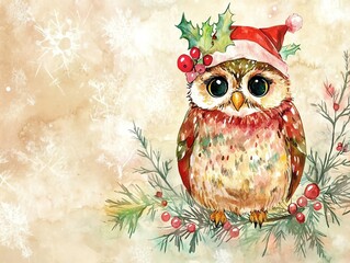Cute Christmas owl wearing a Santa hat and holly.