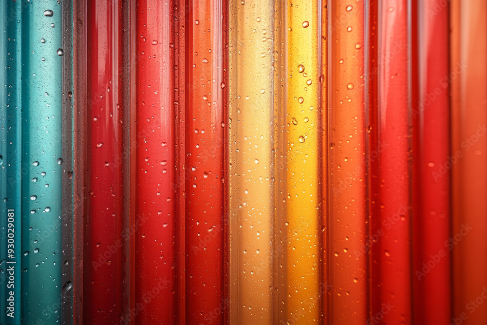 Poster interwoven vertical light stripes in red and cyan, creating a complex, layered abstract pattern,