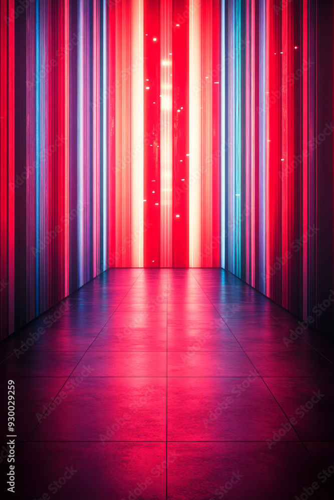 Poster a symmetrical arrangement of red and cyan vertical light stripes, producing a balanced and harmoniou