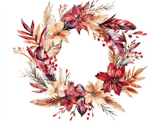 Watercolor wreath with feathers, branches and berries.