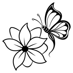 Silhouette of a flying butterfly and a rose outline, Butterfly with flowers outline character, Flying butterfly icon.