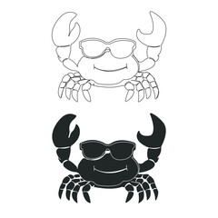 Hand-drawn Crab wearing sunglasses outline isolated on white background. Crab mascot silhouette vector illustration.
