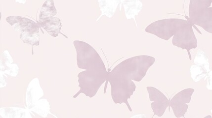 A soft pink background featuring various butterfly silhouettes in light and dark shades.