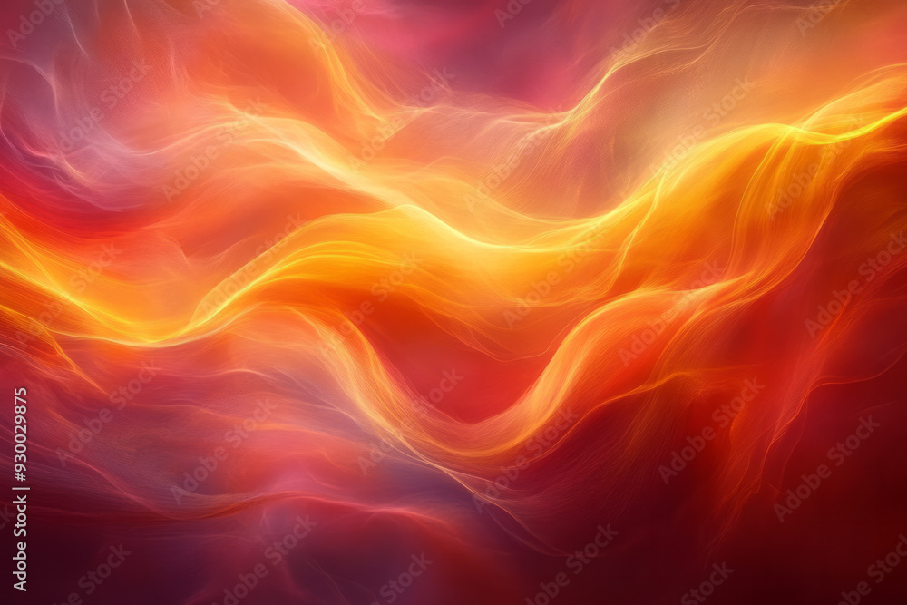 Poster vibrant abstract light waves in yellow and red, dynamically flowing across the canvas with intense e