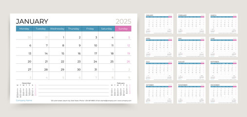 2025 calendar. Planner template. Week starts Monday. Desk schedule grid. Yearly calender organizer. Table monthly diary layout with 12 month. Vector illustration. Paper size A5.Horizontal design. 