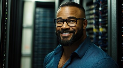 Obraz premium Smiling IT Specialist Managing Network and Servers in Data Center 