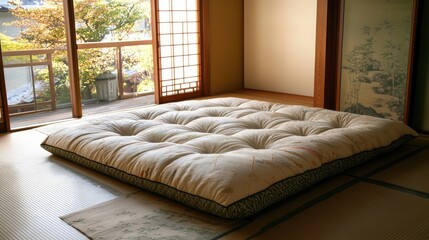 A Japanese-style bed with a futon mattress, placed directly on the tatami mat floor.