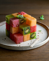 fruit salad of watermelon, melon, kiwi in cube form