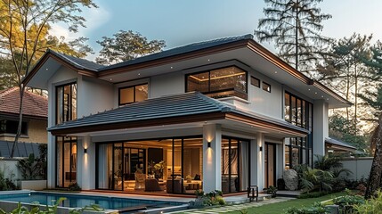A two-story house, featuring a multi-pitched roof with several slopes and ridges, with large windows allowing natural light to flow in. light and neutral tones. Generative AI.