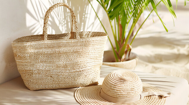 Boho Straw Hat and Basket in Summer Garden, Perfect Set for Vacations, Picnic and Relaxation.