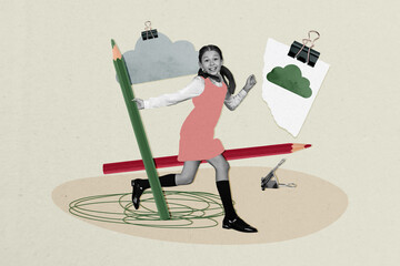 Composite photo collage of happy schoolgirl hold pencil art primary school subject knowledge class...