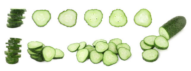 Many sliced cucumbers isolated on white, collage