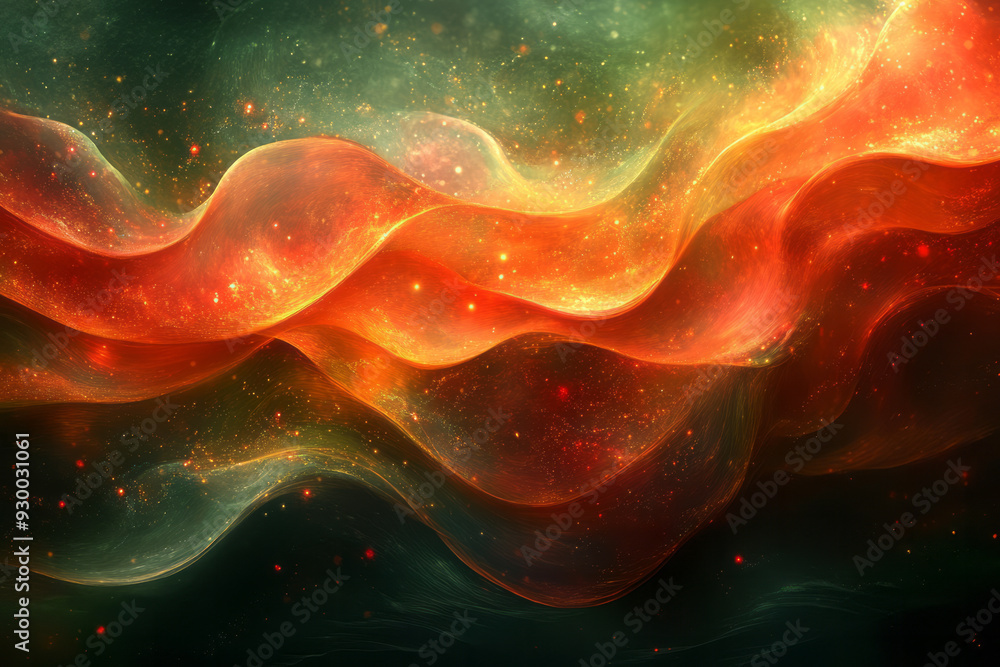 Poster soft, wave-like light patterns in green and red, flowing gracefully across the canvas in an abstract
