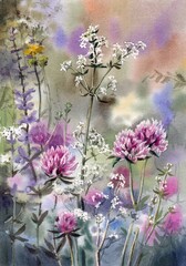Watercolor wildflowers sage and clover in the field.