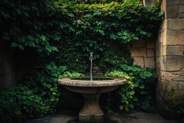Courtyard Stone Fountain Encircled by Ivy-Covered Walls
