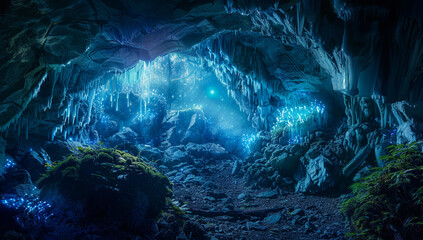 A hidden, mystical cave with bioluminescent moss and glowing crystal formations