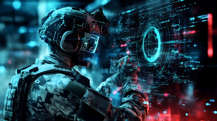 A soldier in futuristic combat gear stands ready, with a virtual interface and digital data streams illuminating his environment, capturing the essence of high-tech warfare.