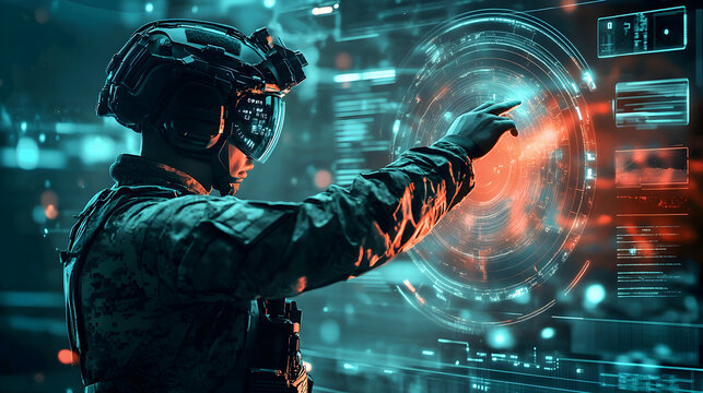 futuristic combat gear stands ready, with a virtual interface and digital data streams illuminating his environment, capturing the essence of high-tech 