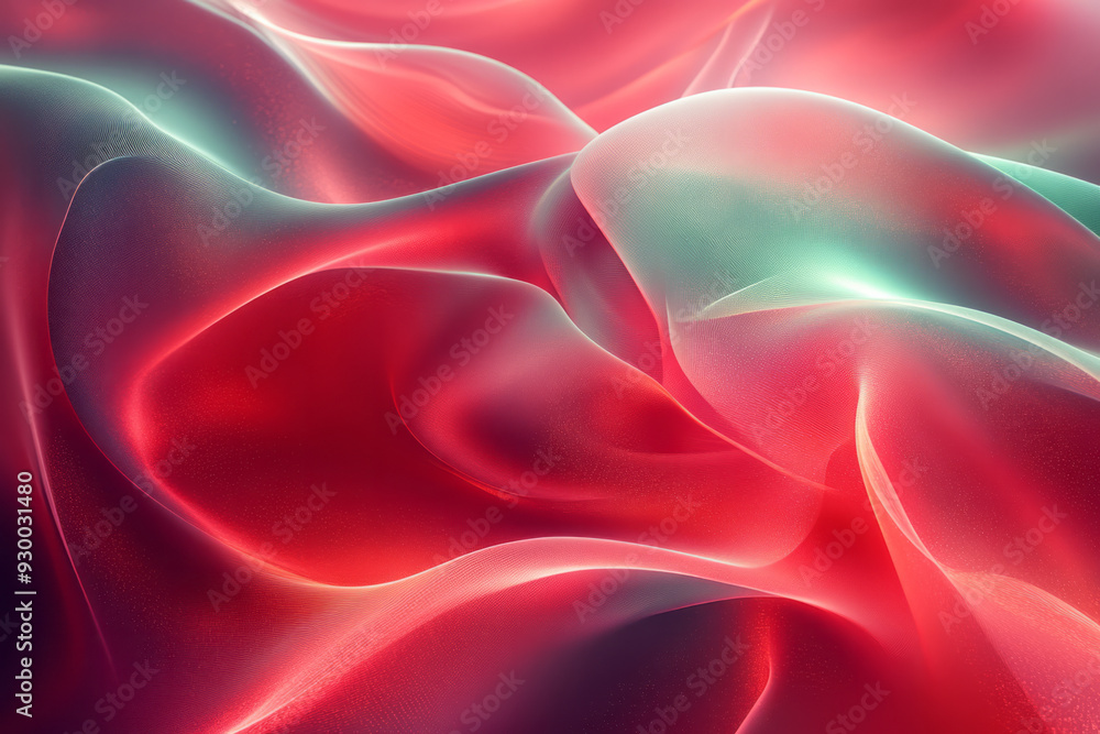 Poster flowing ribbons of light in green and red, twisting and turning in an elegant abstract pattern,