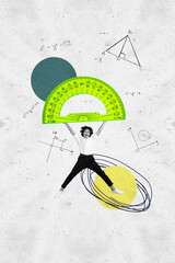 Vertical photo collage of happy teenage schoolboy hold ruler school supply math subject lesson...