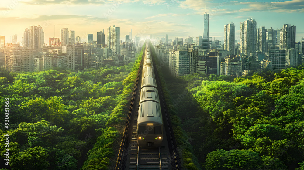 Poster a train is traveling down a track with a city in the background by ai generated image