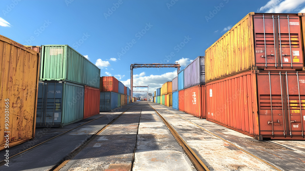 Poster a train yard with many different colored containers by ai generated image