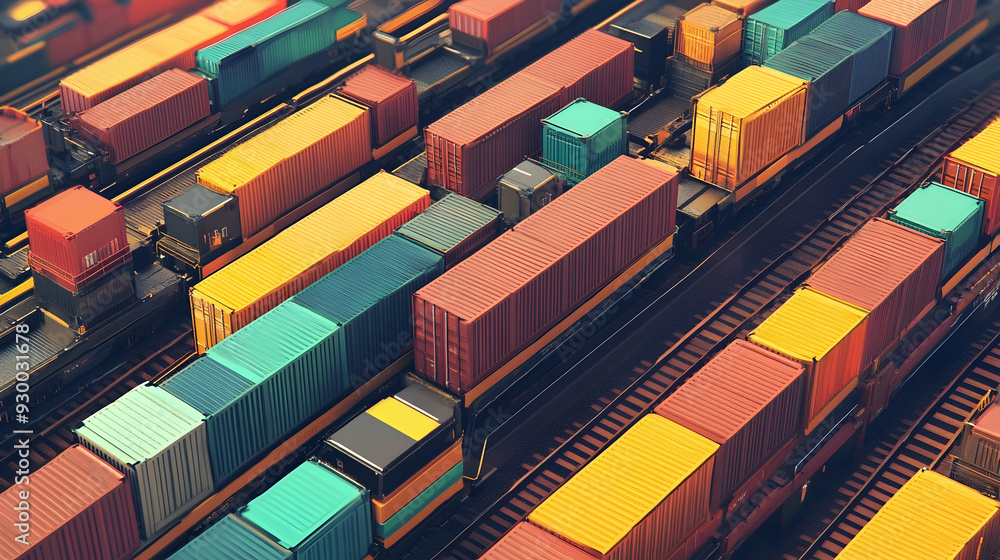 Poster a train yard with many different colored containers by ai generated image