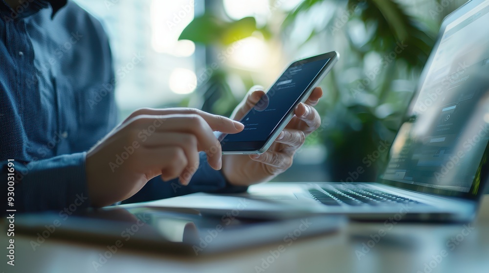 Poster a person using a smartphone while sitting at a desk with a laptop