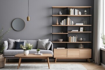 Fototapeta premium Modern living room with a grey sofa, wooden shelves and a coffee table.