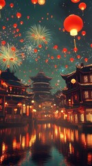 Fototapeta premium Ethereal Ghost Festival Lanterns Soaring Among Vibrant Fireworks and Chinese Architecture