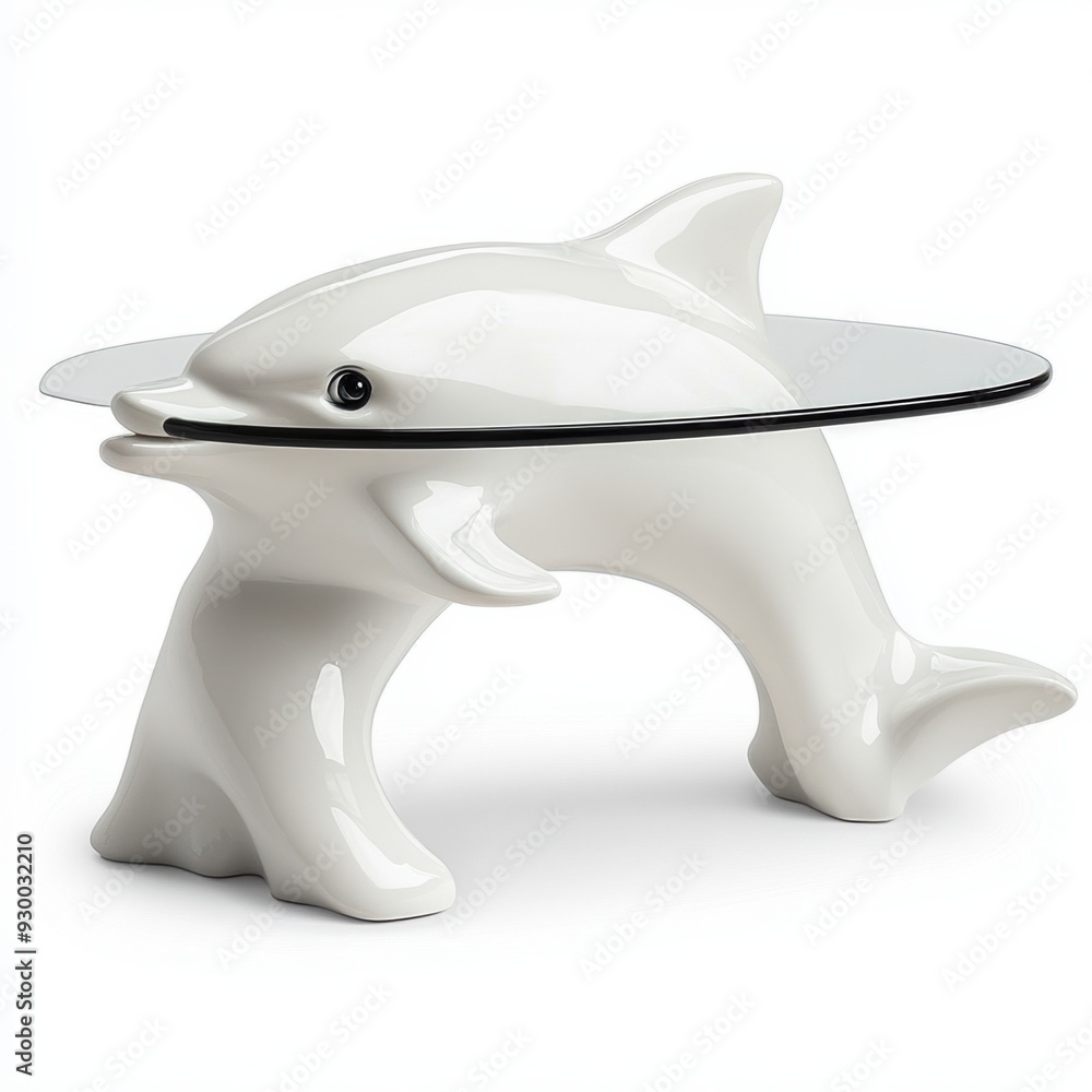 Canvas Prints a white dolphin shaped table with a glass top and curved legs, ai